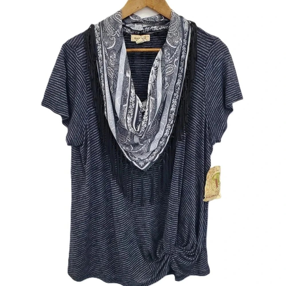 NWT OneWorld Scarf Neck Knit Top Womens 1X Gray Black‎ Paisley Short Sleeve - Picture 3 of 15